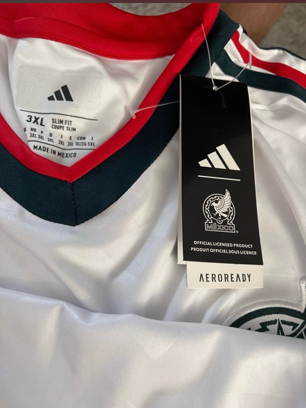 adidas Men’s Mexico White Football Jersey with Red and Dark Green Trim